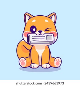 Cute Shiba Inu Dog Bite Newspaper Cartoon Vector Icon Illustration. Animal Education Icon Concept Isolated Premium Vector. Flat Cartoon Style