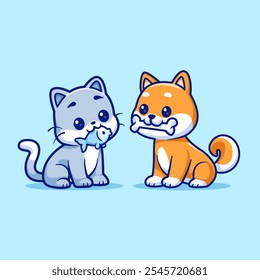 Vector lindo de la historieta del pez de la mordedura del hueso y del gato de la mordedura del perro de Shiba Inu 
Ilustración del icono. Concepto de icono de Naturaleza animal aislado 
Vector de Premium. Estilo plano de la historieta