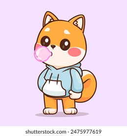 Lindo Shiba Inu Perro Soplando Chicle Con Sudadera De Dibujos Animados Ilustración Icono De Vector. Concepto de icono de moda animal Vector de Premium aislado. Estilo plano de dibujos animados