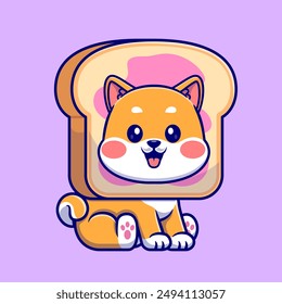 Perro Lindo Shiba Inu En La Ilustración Del Icono Del Vector Del Dibujo Animado Del Pan. Concepto de ícono de comida animal Vector Premium aislado. Estilo plano de dibujos animados