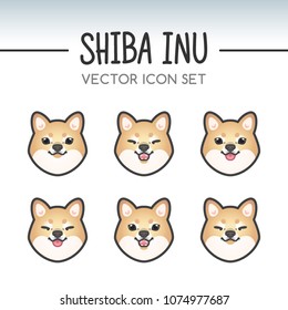 Cute shiba inu dog breed vector icon sticker set inspired by kawaii Japanese anime style. Shiba-inu puppy face showing various emotions. Emoticon, emoji or costume mask template. Fixed line weight.