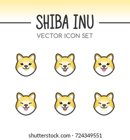 Cute Shiba Inu dog breed vector icon sticker set inspired by kawaii Japanese anime style. Shiba-inu puppy face showing various emotions. Emoticon, emoji or costume mask template. Fixed line weight.