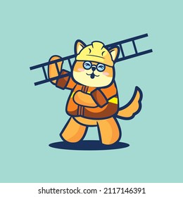 Cute Shiba inu dog bring wood stairs cartoon flat minimalism vector illustration