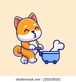 Cute Shiba Inu Dog Bring Bone With Trolley Cartoon Vector 
Icon Illustration. Animal Nature Icon Concept Isolated
Premium Vector. Flat Cartoon Style