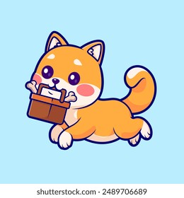 Cute Shiba Inu Dog Bring Bone With Basket Cartoon Vector Icon Illustration. Animal Holiday Icon Concept Isolated Premium Vector. Flat Cartoon Style