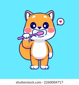 Cute Shiba Inu Hund Brush Teeth Cartoon Vektorsymbol Illustration. Tiergesunde Symbole Konzept isolierter Premium-Vektorgrafik. Flachbildkartonstil