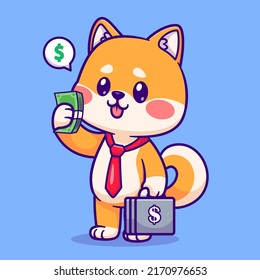 Cute Shiba Inu Dog Business Holding Money And Suitcase Cartoon Vector Icon Illustration. Animal Business Icon Concept Isolated Premium Vector. Flat Cartoon Style