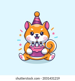 Cute shiba inu dog with cake happy birthday cartoon