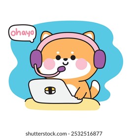 Lindo shiba inu perro call center work.Ohayo es la palabra japonesa significa buenos días. Servicio al cliente. Diseño de dibujos animados de animales de compañía japonesa. Imagen para tarjeta, póster, pegatina. Kawaii. Vector. Ilustración.