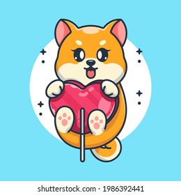 Cute shiba inu dog with candy heart cartoon