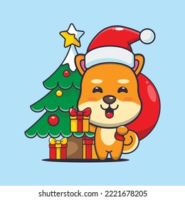 Cute shiba inu dog carrying christmas gift. Cute christmas cartoon illustration. 