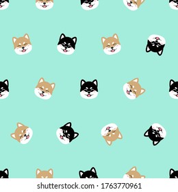 Cute shiba inu. Hunde-Cartoon-Symbol, nahtlose Vektorgrafik auf Grün
 pastellfarbener Hintergrund.