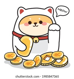 Cute shiba inu dog in cat costume with coin on white background.White Maneki Neko.Japanese lucky cat. Isolated.Animal cartoon character design.Art.Kawaii.Image for kid,sticker.Illustration.Illustrator