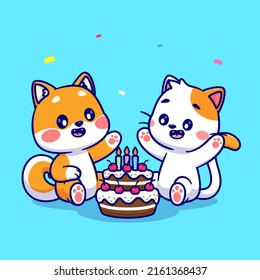 Cute Shiba Inu Dog And Cat With Birthday Cake Cartoon Vector Icon Illustration. Animal Food Icon Concept Isolated Premium Vector. Flat Cartoon Style