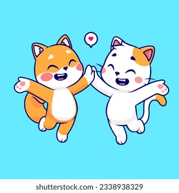 Cute Shiba Inu Dog And Cat High Five Cartoon Vector Icon Illustration. Animal Nature Icon Concept Isolated Premium Vector. Flat Cartoon Style