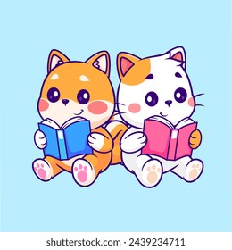 Cute Shiba Inu Dog And Cat Reading Book Cartoon Vector Icon Illustration. Animal Education Icon Concept Isolated Premium Vector. Flat Cartoon Style