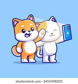 Perro Y Gato Lindo Shiba Inu Tomar Selfie Con Ilustración De Icono De Vector De Dibujos Animados Del Teléfono. Icono de Tecnología animal concepto de Vector Premium aislado. Estilo plano de dibujos animados