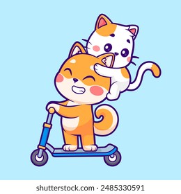 Cute Shiba Inu Dog And Cat Playing Scooter Cartoon Vector Icon Illustration. Animal Transportation Icon Concept Isolated Premium Vector. Flat Cartoon Style