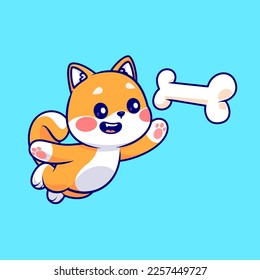 Cute Shiba Inu Dog Catching Bone Cartoon Vector Icon Illustration. Animal Nature Icon Concept Isolated Premium Vector. Flat Cartoon Style