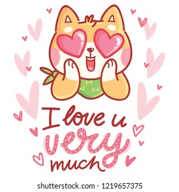 Cute Shiba Inu dog character in love with hearts in eyes and lettering calligraphy text. I love you very much. Hand drawn art illustration in cartoon style for greeting card, invitation