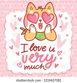 Cute Shiba Inu dog character in love with hearts in eyes and lettering calligraphy text. I love you very much. Hand drawn art illustration in cartoon style for greeting card, invitation