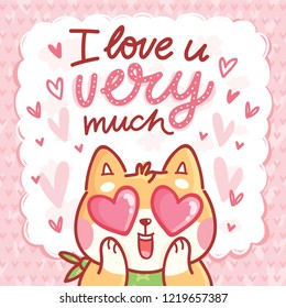 Cute Shiba Inu dog character in love with hearts in eyes and lettering calligraphy text. I love you very much. Hand drawn art illustration in cartoon style for greeting card, invitation