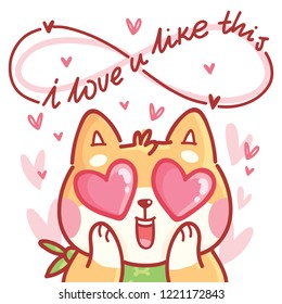 Cute Shiba Inu dog character in love with hearts in eyes and lettering calligraphy text. I love you infinitely. Hand drawn art illustration in cartoon style for greeting card, invitation