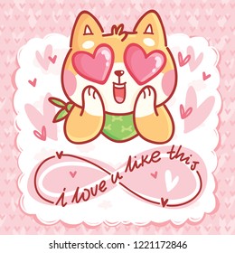 Cute Shiba Inu dog character in love with hearts in eyes and lettering calligraphy text. I love you infinitely. Hand drawn art illustration in cartoon style for greeting card, invitation