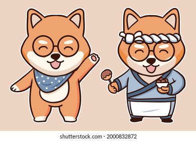 Cute Shiba Inu Dog character smiling wearing japanese costume takoyaki glasses