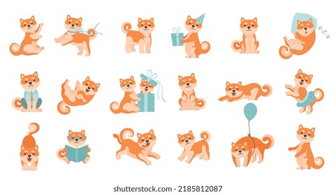 Cute Shiba Inu Dog Character with Curly Tail Engaged in Different Activity Vector Set