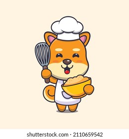 cute shiba inu dog chef mascot cartoon character with cake dough