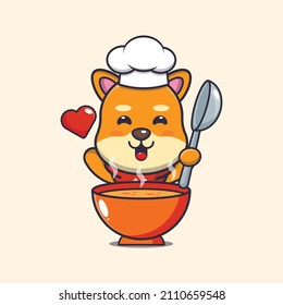 cute shiba inu dog chef mascot cartoon character with soup