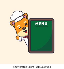 cute shiba inu dog chef mascot cartoon character with menu board