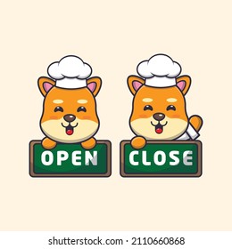 cute shiba inu dog chef mascot cartoon character with open and close board