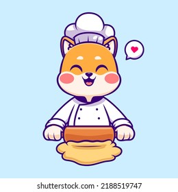 Cute Shiba Inu Dog Chef Cooking Cartoon Vector Icon Illustration. Animal Food Icon Concept Isolated Premium Vector. Flat Cartoon Style