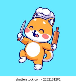 Cute Shiba Inu Dog Chef Holding Knife and Rolling Pin Cartoon Vector Icon Illustration. Animal Food Icon Concept Isolated Premium Vector. Flat Cartoon Style