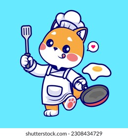 Cute Shiba Inu Chef Cocinando Huevo Frito Vector De Caricatura Ilustración Icono. Vector Premium Aislado De Icono De Alimentos Animales. Estilo de dibujo plano