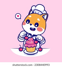 Ilustración de Icono del vector de dibujos animados Cute Shiba Inu Dog Chef Cocinando Pasteles. Vector Premium Aislado De Icono De Alimentos Animales. Estilo de dibujo plano