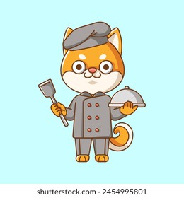 Cute shiba inu dog chef cook serve food animal chibi character mascot icon flat line art style illustration concept cartoon set