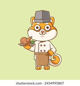 Cute shiba inu dog chef cook serve food animal chibi character mascot icon flat line art style illustration concept cartoon set