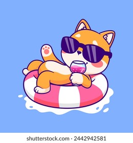 Cute Shiba Inu Dog Chill On Swimming Tires With Juice Cartoon Vector Icon Illustration. Animal Holiday Icon Concept Isolated Premium Vector. Flat Cartoon Style