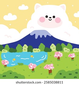 Cute shiba inu dog cloud on sky background.Daytime.Mountain,sakura flower tree,duck,garden.Nature.Japanese pet animal character cartoon design.Kawaii.Vector.Illustration.