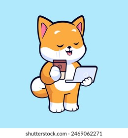 Lindo perro shiba inu con ilustración de ícono de Vector de dibujos animados de café. Mascota de logotipo de dibujos animados de estilo plano