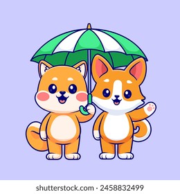 Cute Shiba Inu Dog And Corgi Dog Holding Umbrella Together Cartoon Vector Icon Illustration. Animal Nature Icon Concept Isolated Premium Vector. Flat Cartoon Style