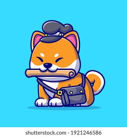Cute Shiba Inu Dog Courier Newspaper Cartoon Vector Icon Illustration. Animal Profession Icon Concept Isolated Premium Vector. Flat Cartoon Style