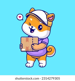 Cute Shiba Inu Dog Courier Shipping Package Cartoon Vector Icon Illustration. Animal Profession Icon Concept Isolated Premium Vector. Flat Cartoon Style