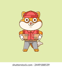 Cute shiba inu dog courier package delivery animal chibi character mascot icon flat line art style illustration concept cartoon set