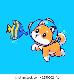 Cute Shiba Inu Dog Diver Playing With Fish Cartoon Vector Icon Illustration. Animal Nature Icon Concept Isolated Premium Vector. Flat Cartoon Style