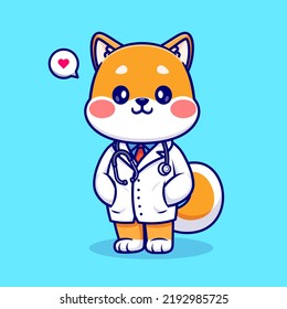 Cute Shiba Inu Dog Doctor With Stethoscope Cartoon Vector Icon Illustration. Animal Health Icon Concept Isolated Premium Vector. Flat Cartoon Style