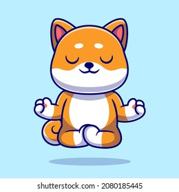 Ilustración del vector de dibujos animados Cute Shiba Inu Doing Yoga Meditation. Vector Premium Aislado Con Concepto De Icono Saludable Para Animales. Estilo de dibujo plano